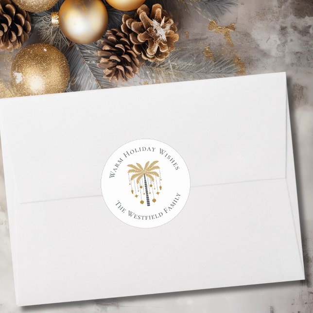 Adesivo Redondo Feriado Dourado nas árvores de palma (Gold Palm Tree Warm Holiday Wishes Classic Round Sticker)