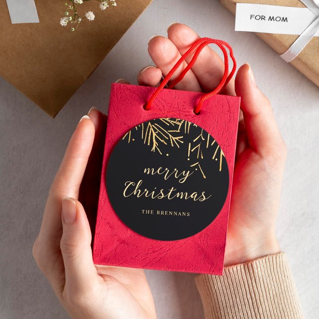 Adesivo Redondo Feriado Dourado Natal Elegante Preto (Black Gold Modern Christmas Elegant Holiday Classic Round Sticker)