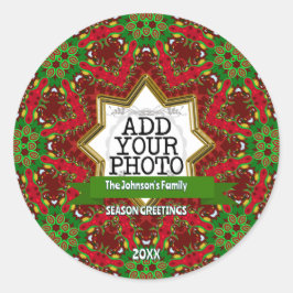 Adesivo Redondo Feriado Familiar Foto Vermelho Verde Festivo