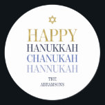 Adesivo Redondo Feriado Feliz Hanukkah Chanukah<br><div class="desc">O design de folha de ouro simulado por "faaux" é incorporado neste design. Personalize o texto personalizado acima. Você pode encontrar itens de coordenação adicionais na nossa coleção "Happy Hanukkah Chanukah".</div>