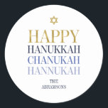 Adesivo Redondo Feriado Feliz Hanukkah Chanukah<br><div class="desc">O design de folha de ouro simulado por "faaux" é incorporado neste design. Personalize o texto personalizado acima. Você pode encontrar itens de coordenação adicionais na nossa coleção "Happy Hanukkah Chanukah".</div>