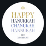 Adesivo Redondo Feriado Feliz Hanukkah Chanukah<br><div class="desc">O design de folha de ouro simulado por "faaux" é incorporado neste design. Personalize o texto personalizado acima. Você pode encontrar itens de coordenação adicionais na nossa coleção "Happy Hanukkah Chanukah".</div>