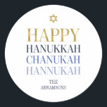 Adesivo Redondo Feriado Feliz Hanukkah Chanukah<br><div class="desc">O design de folha de ouro simulado por "faaux" é incorporado neste design. Personalize o texto personalizado acima. Você pode encontrar itens de coordenação adicionais na nossa coleção "Happy Hanukkah Chanukah".</div>