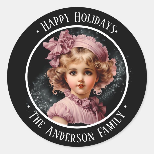 Adesivo Redondo Feriado Feliz Negra Negra, com garota de rosa (Frente)