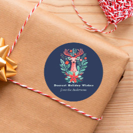 Adesivo Redondo Feriado Floral de Reindeer Azul Natal