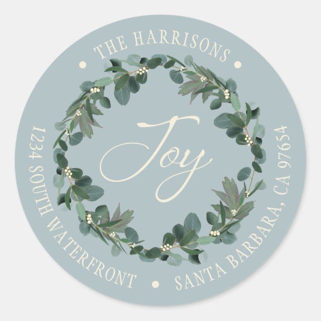 Adesivo Redondo Feriado Joy Wreath Dusty Endereço de Azul (Frente)