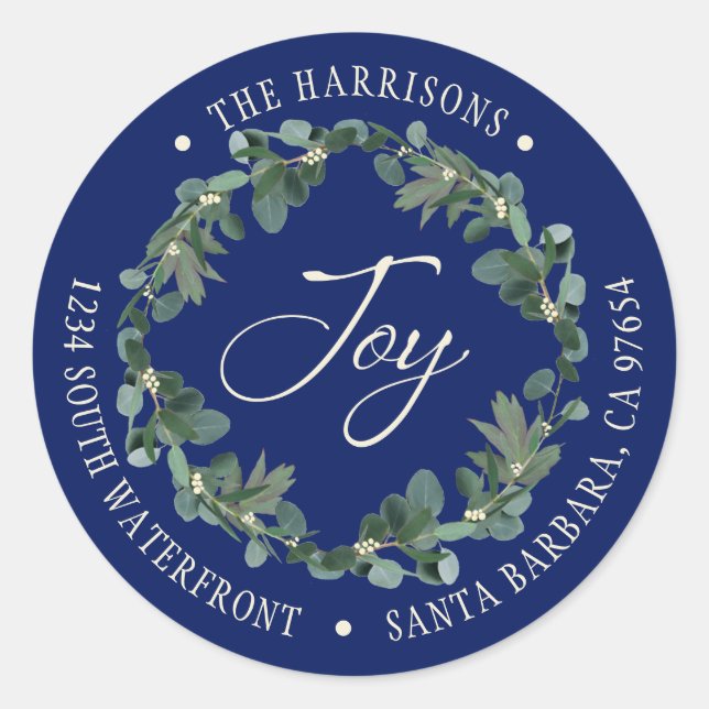 Adesivo Redondo Feriado Joy Wreath Marinho Blue Return Endereço (Frente)