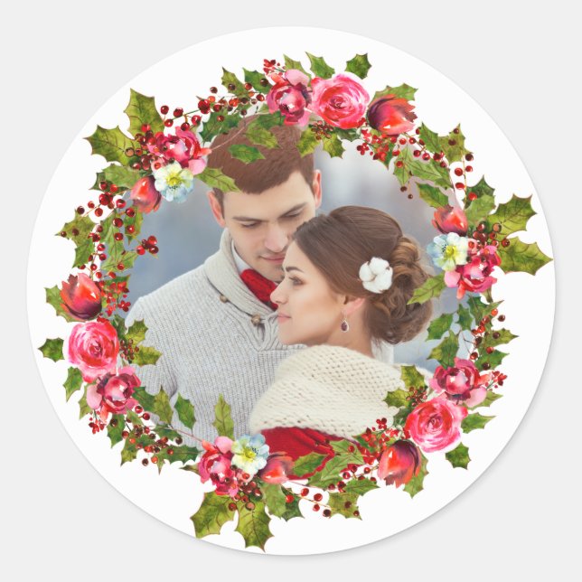 Adesivo Redondo Feriado Natal Holly Wreath e Photo Sticker (Frente)