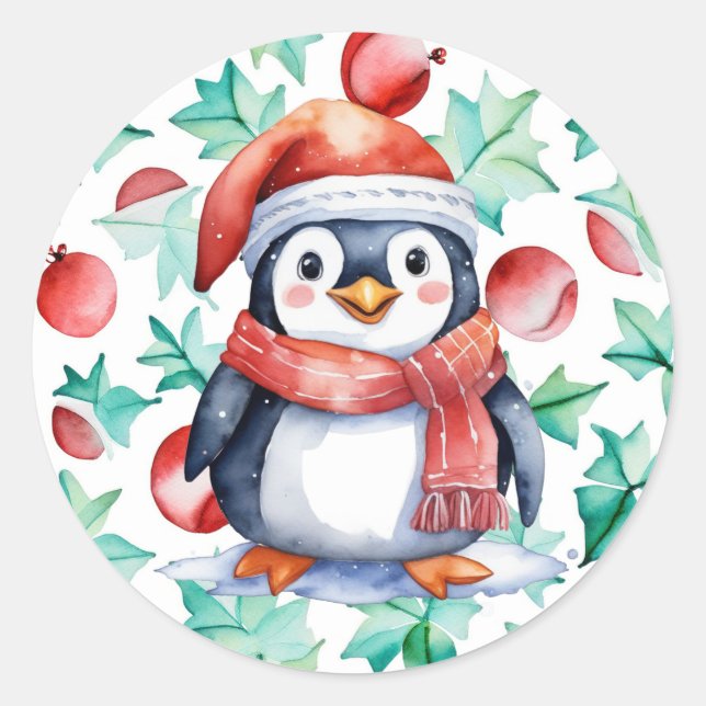 Adesivo Redondo Feriado Pinguim de Natal com Cores Aquáticas (Frente)