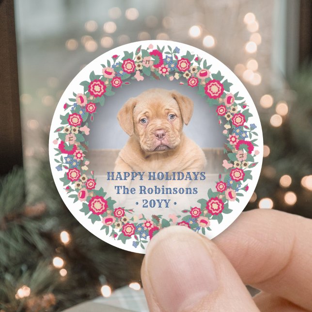 Adesivo Redondo Feriado Retro Holiday Floral Wreath Foto Festiva C (Criador carregado)