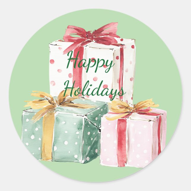 Adesivo Redondo Feriado Russo 🎄 Presente em Vermelho, Branco e Ve (Frente)