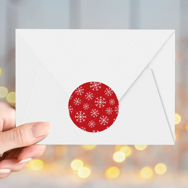 Adesivo Redondo Feriado Vermelho com Flocos de Neve Elegante (Criador carregado)