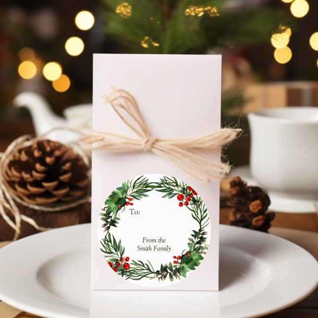 Adesivo Redondo Feriado Watercolor Wreath com Nome (Criador carregado)