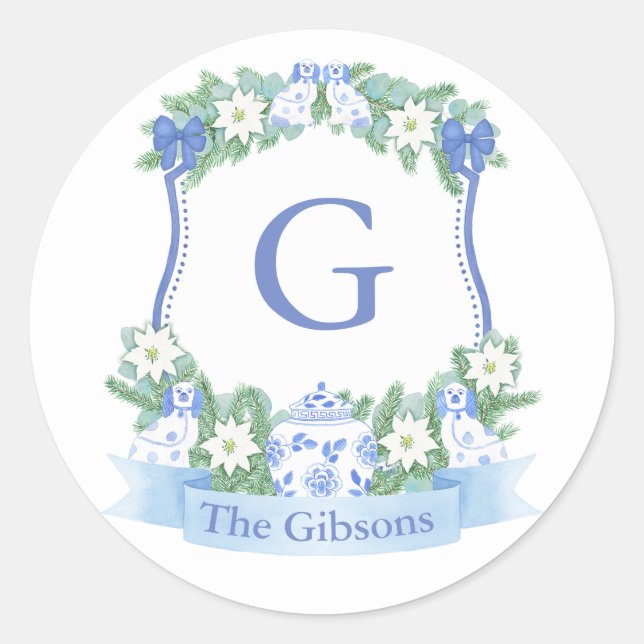 Adesivo Redondo Feriados de Chinoiserie Azul Envelope de Crest (Frente)