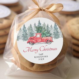 Adesivo Redondo Feriados de Natal Rustic Watercolor Red Truck