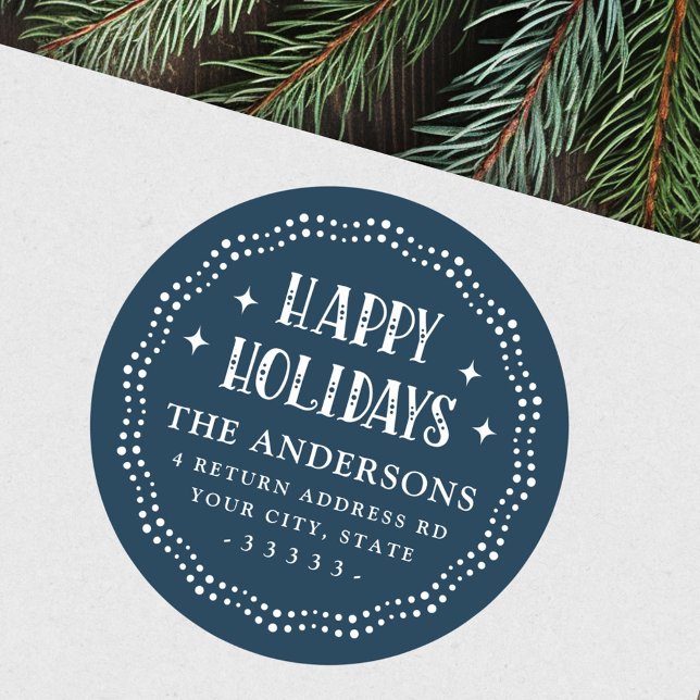 Adesivo Redondo Feriados felizes com fonte festiva borda azul escu (Happy Holidays festive font dot border dark blue Classic Round Sticker)