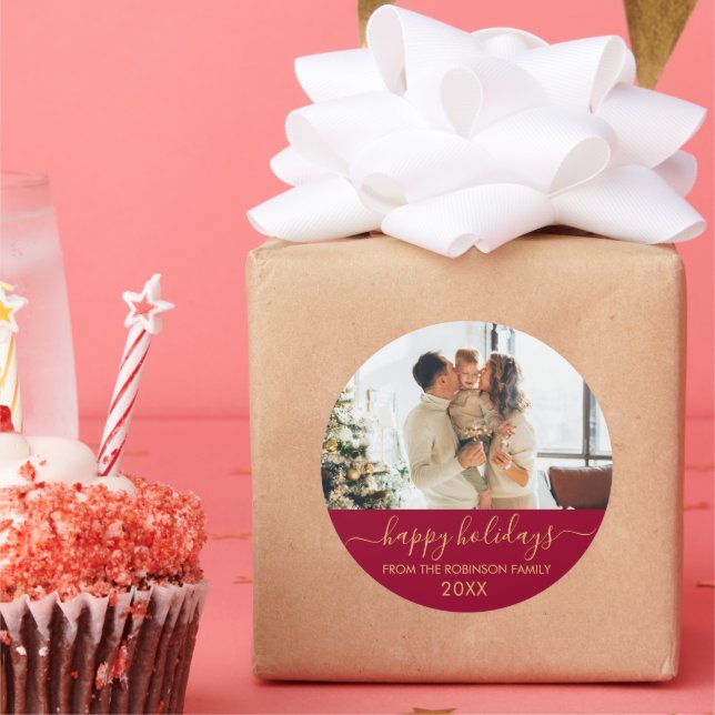 Adesivo Redondo Feriados Felizes da Família de Script Dourado Verm (Festa)