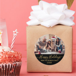 Adesivo Redondo Feriados Felizes da Família Preta de Script Dourad