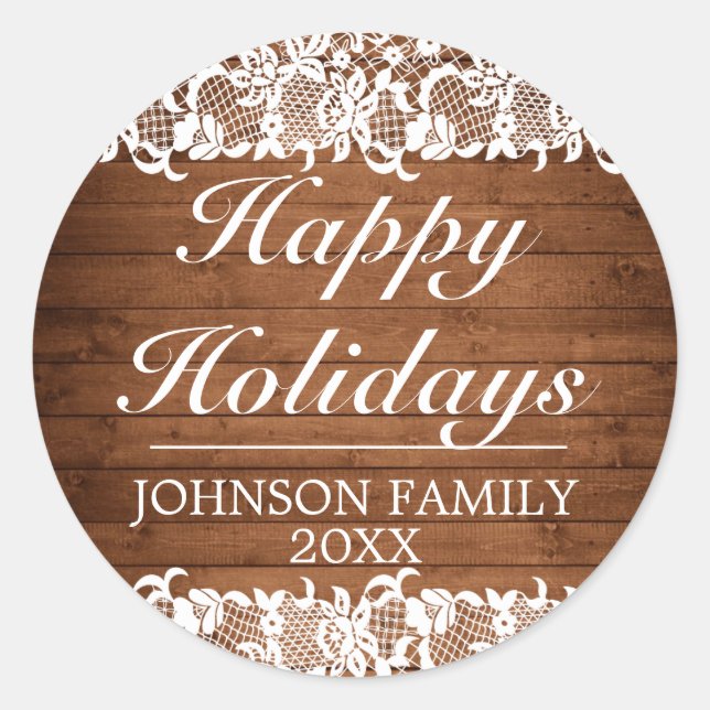 Adesivo Redondo Feriados felizes de madeiras e rendas brancas (Frente)