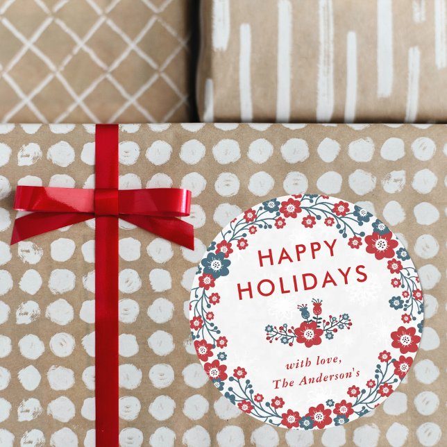 Adesivo Redondo Feriados Felizes de Natal Vermelho e Azul Modernos (Criador carregado)