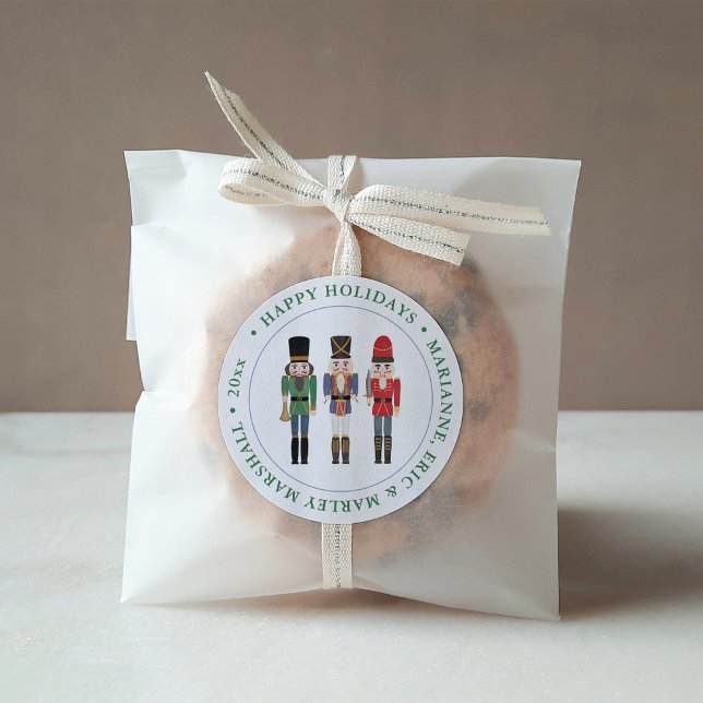 Adesivo Redondo Feriados Felizes de Nozes de Natal Tradicional (Charming Watercolor Nutcracker Happy Holidays Stickers)