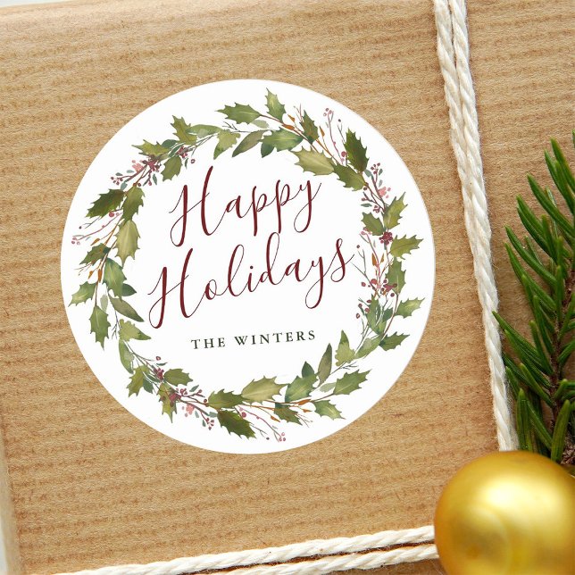 Adesivo Redondo Feriados Felizes de Watercolor Holly Berry Wreath (Criador carregado)