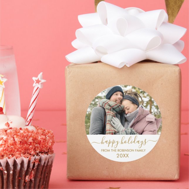 Adesivo Redondo Feriados Felizes do Casal de Script Branco Dourado (Festa)