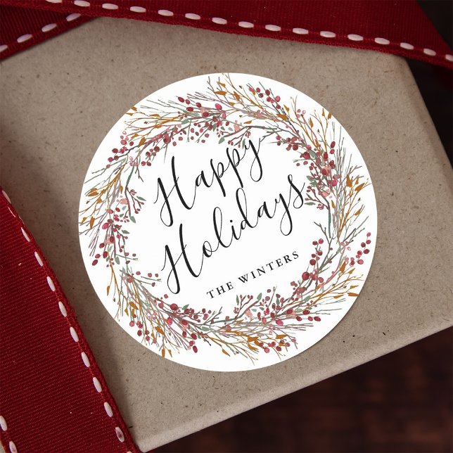 Adesivo Redondo Feriados felizes do Winter Red Berry Wreath (Criador carregado)