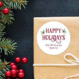 Adesivo Redondo Feriados Felizes, Holly e Red, Modern Watercolor