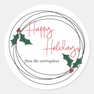 Adesivo Redondo Feriados Felizes, Holly Wreath Family Envelope Sea
