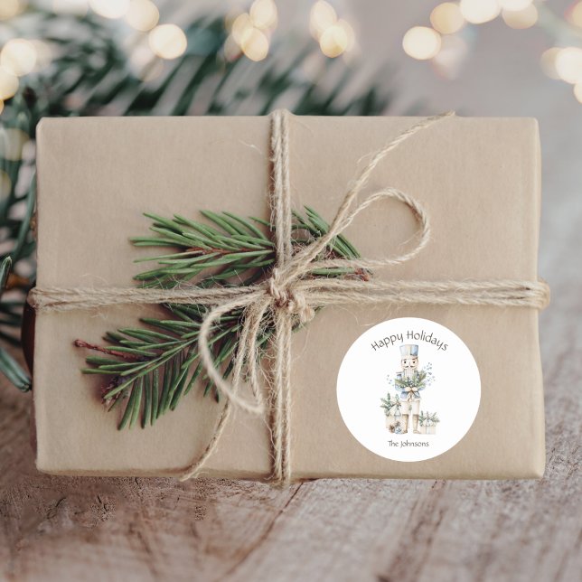 Adesivo Redondo Feriados Felizes Nome da Família Nutcracker Aquare (Criador carregado)