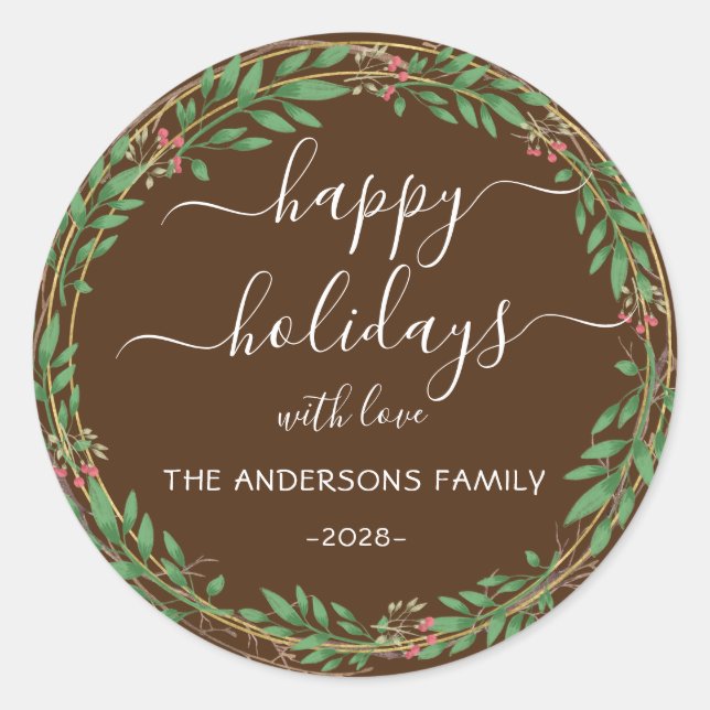 Adesivo Redondo Feriados Felizes Personalizados, faixa de aquarela (Frente)