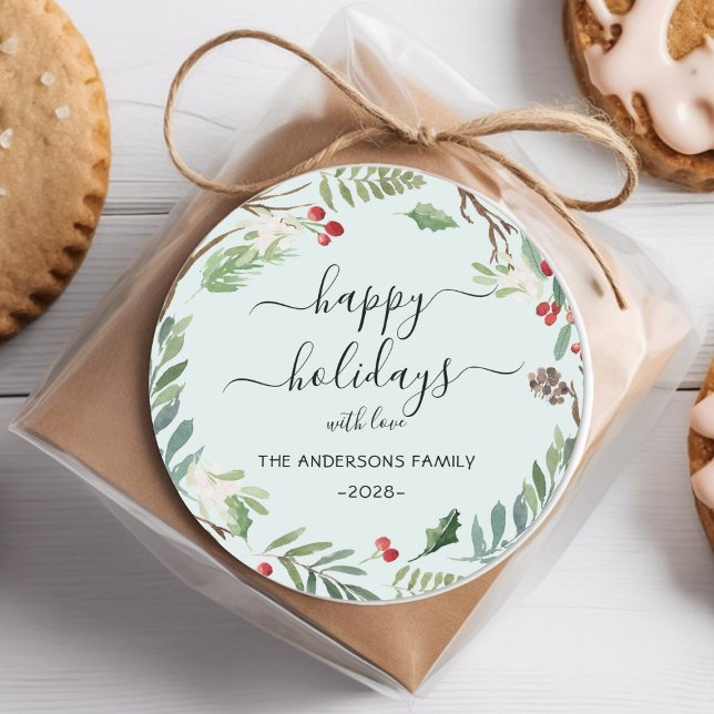 Adesivo Redondo Feriados Felizes Personalizados, faixa de aquarela (Personalized Happy Holidays watercolor wreath Classic Round Sticker)