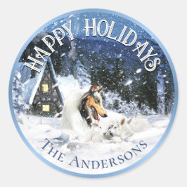 Adesivo Redondo Férias de inverno, folhosas azuis, Collie -