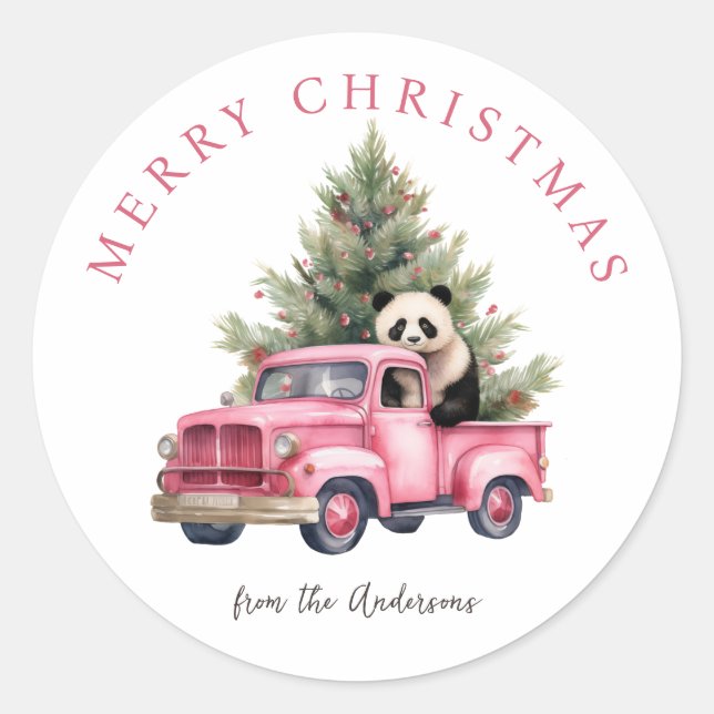 Adesivo Redondo Férias de Natal de Panda em Caminhão Rosa (Frente)