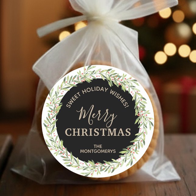 Adesivo Redondo Férias de Natal em Natal (Greenery and berries wreath Merry Christmas homemade holiday baking stickers)