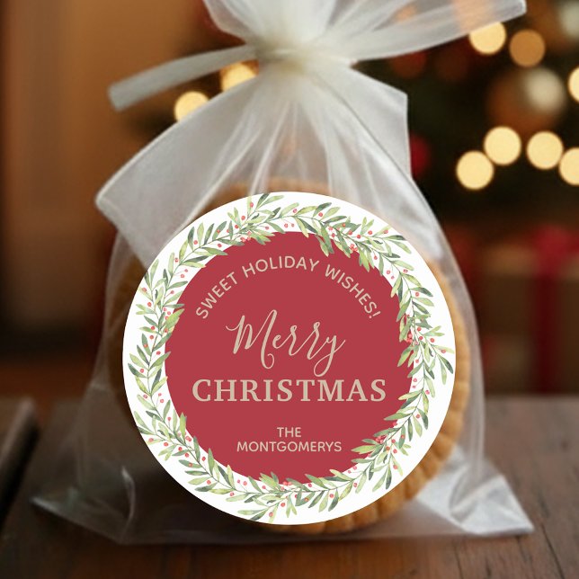 Adesivo Redondo Férias de Natal em Natal (Greenery and berries wreath Merry Christmas homemade holiday baking dark red stickers)