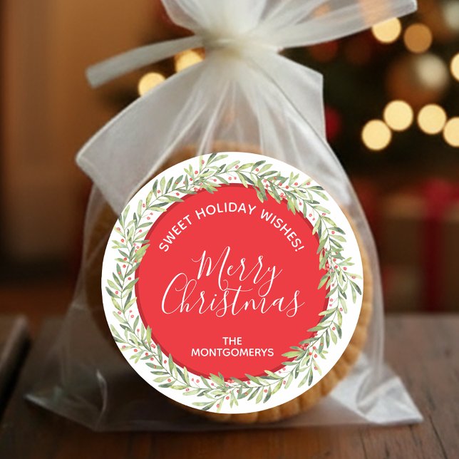 Adesivo Redondo Férias de Natal em Natal (Greenery and berries wreath Merry Christmas homemade holiday baking red stickers)
