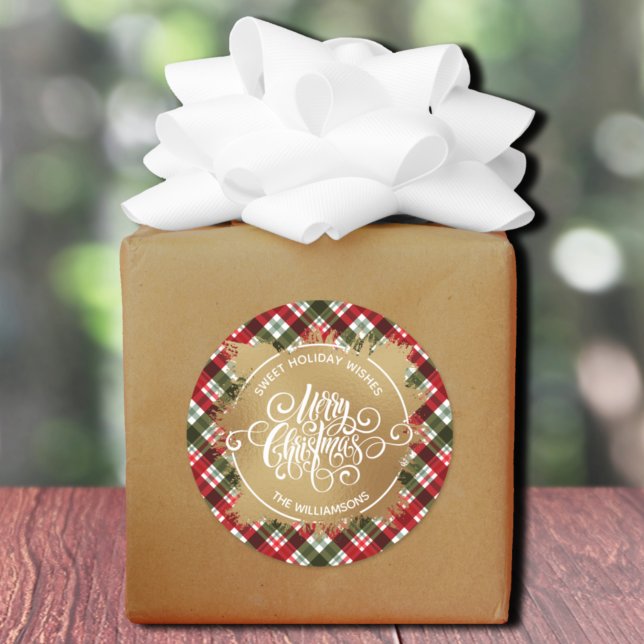 Adesivo Redondo Férias de Natal em xadrez (Plaid Christmas sweet holiday wishes homemade baking round stickers)