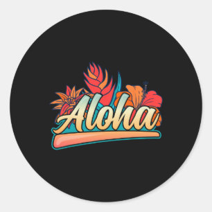 Adesivo Redondo Férias de surfe na praia tropical de Hibisc Aloha