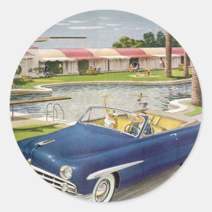 Adesivo Redondo Férias de Verão Vintage, Carro Conversível e Motel