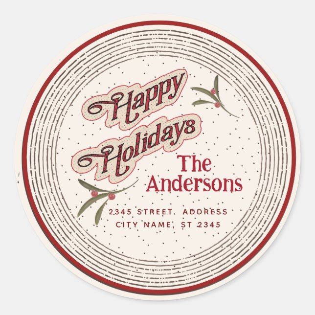 Adesivo Redondo Férias Felizes botânico vintage azevinho  (Frente)