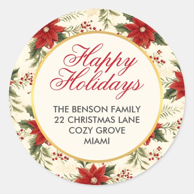 Adesivo Redondo Férias Felizes da Flor Vermelha no Natal (Frente)
