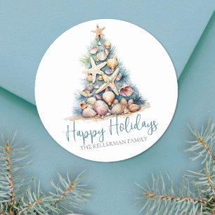 Adesivo Redondo Férias felizes da praia da Árvore de Natal