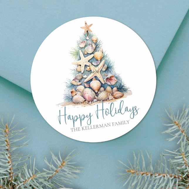 Adesivo Redondo Férias felizes da praia da Árvore de Natal (Christmas Tree Beach Happy Holidays Classic Round Sticker)