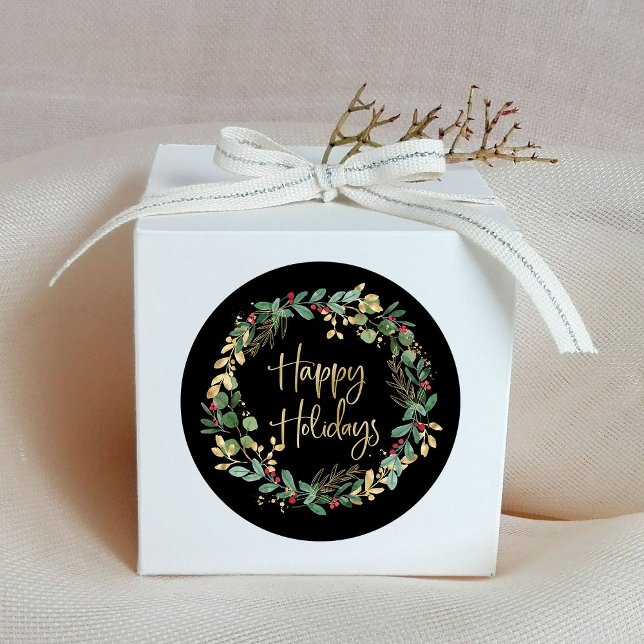 Adesivo Redondo Férias Felizes | Faux Dourado Wreath Preto e Moder (Elegant black holiday stickers with a green and faux gold wreath)