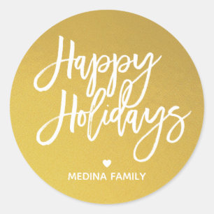 Adesivo Redondo Férias Felizes Script Dourado Branco