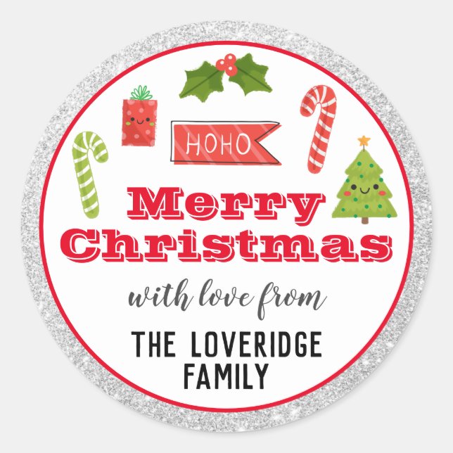 Adesivo Redondo Férias Festivas Feliz Natal Red Silver Glitter (Frente)