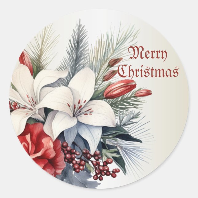 Adesivo Redondo Férias Vermelhas Brancas de Natal Elegantes (Frente)