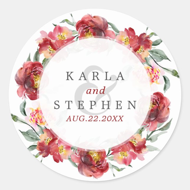 Adesivo Redondo Ferida das Flores do Jardim Vermelho Profundo (Frente)